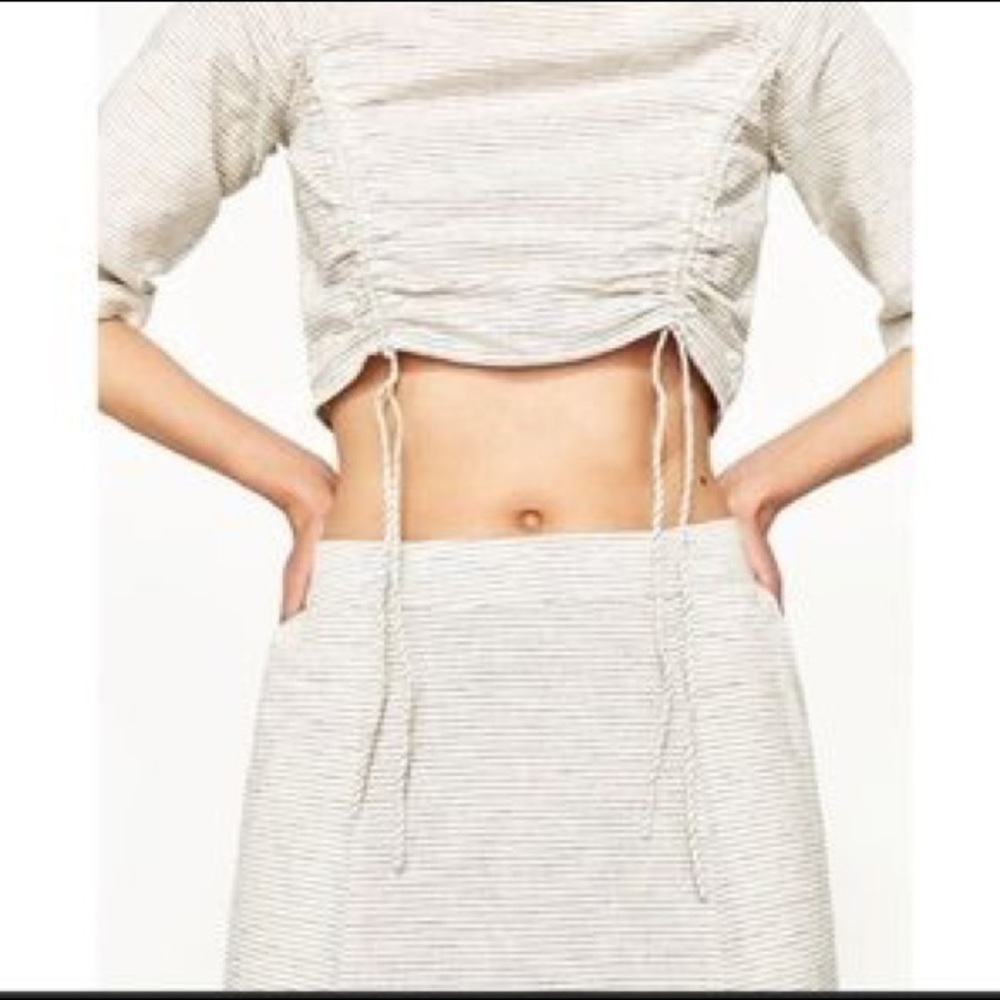 Zara linen cream stripe drawstring top skirt set